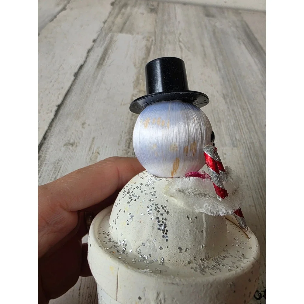 Vintage putz candy paper Japan snowman candy container spun glass chenille top